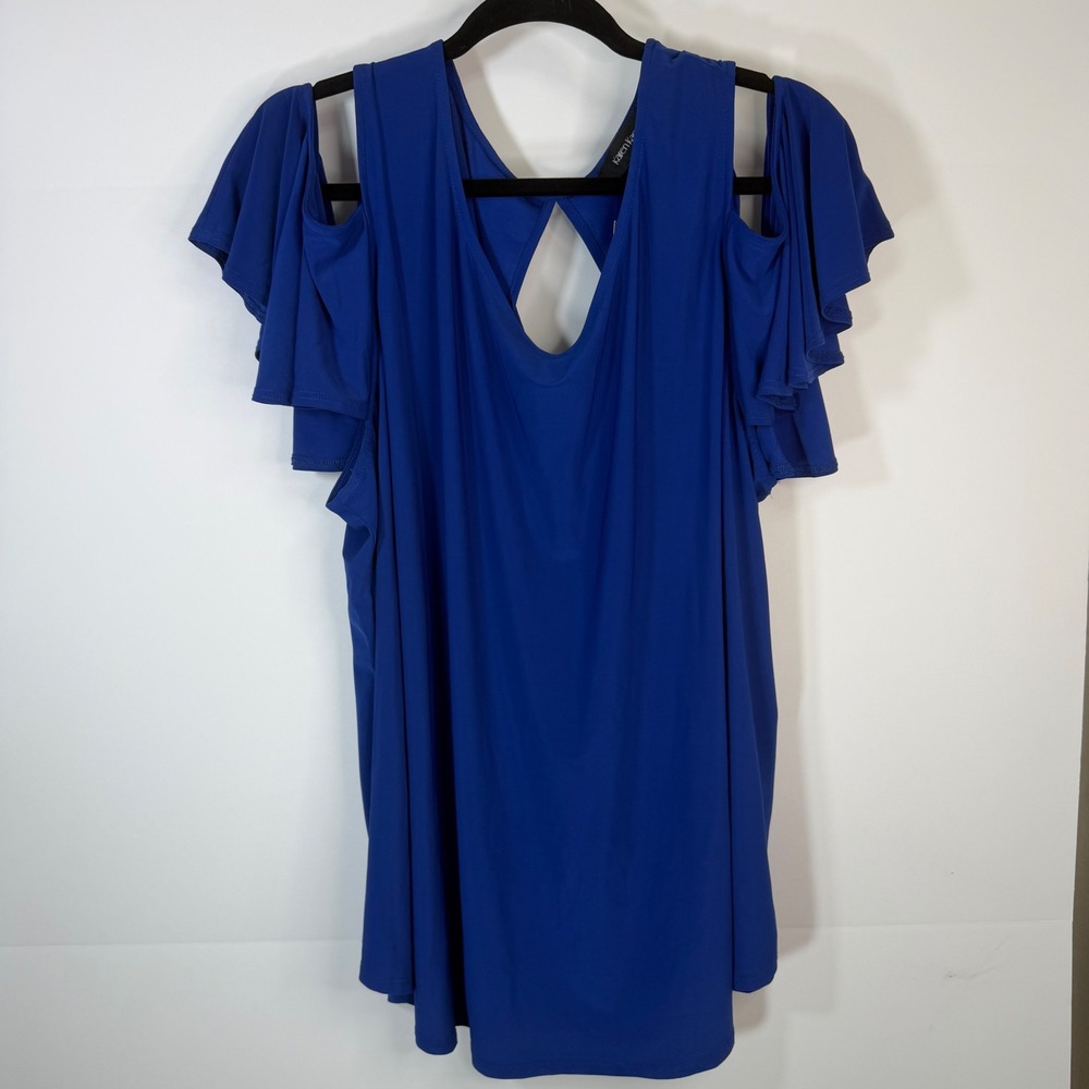 Karen Kane Catalina Cold Shoulder Ruffle Top Royal Blue 3X NWT Flowy Feminine‎